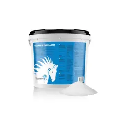 Seau de vitamine E excellent pour chevaux, contenant vitamine e selenium, avec une poudre blanche à côté.