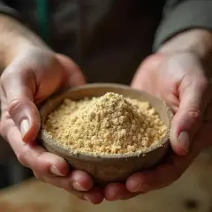 Mains tenant un bol rempli de psyllium blond, une poudre fine et dorée, idéale pour le bien-être digestif de votre cheval.