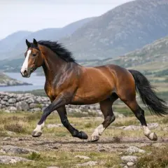 Un magnifique irish sport horse brun galope sur un terrain rocheux, avec des montagnes et un lac en arrière-plan.
