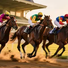 Trois chevaux pur-sang en pleine course, leurs jockeys concentrés, soulevant la poussière sur l'hippodrome au coucher du soleil.