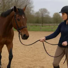 Une cavalière en tenue d'équitation tient les rênes d'un cheval brun dans un manège. Le cheval est prêt pour le trot enlevé.