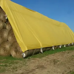 Roulés de foin empilés et recouverts d'une bâche jaune pour un stockage optimal.