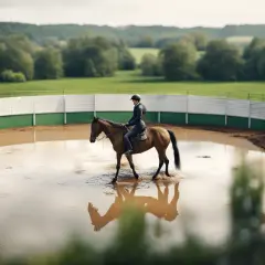 Cavalier et cheval dans une carrière équestre inondée, reflétant la réglementation carrière équestre.