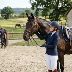 Une cavalière souriante, prête pour la discipline équestre, tient son cheval dans une cour de ferme.