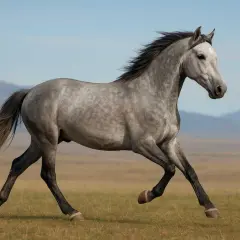 Un magnifique trotteur Orlov gris galope dans une prairie, sa crinière au vent, sous un ciel bleu clair.