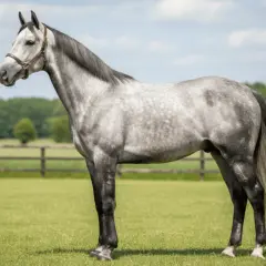 Magnifique cheval anglo arabe gris pommelé, fier et élégant, se tient dans un pré verdoyant sous un ciel bleu.