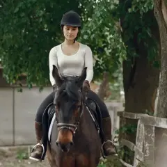 Une jeune femme en tenue d'équitation, casque noir, est assise sur un cheval brun. Elle semble prête à monter à cheval.