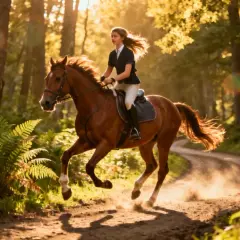 Une jeune femme en tenue d'équitation de travail galope sur un sentier forestier baigné de soleil.