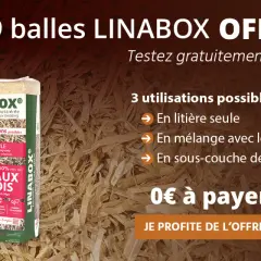 Offre spéciale : 9 balles de litière LINABOX pour chevaux, utilisable seule, en mélange avec copeaux ou en sous-couche de paille. Testez gratuitement !
