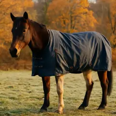 Cheval brun portant une couverture bleue dans un pré brumeux, avec des arbres aux feuilles d'automne dorées en arrière-plan. La tonte cheval au pré est terminée.