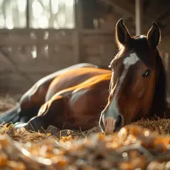 Cheval brun au repos dans une étable sur de la litière de miscanthus. Douce lumière dorée.