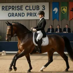 Cavalier en tenue de concours, effectuant une figure de **serpentine équitation** devant des juges.