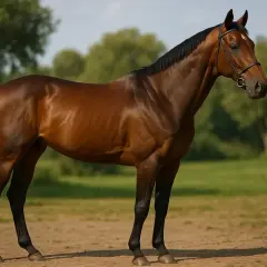 Un magnifique cheval pur sang brun, musclé et fier, se tient dans un pré verdoyant sous un ciel bleu.