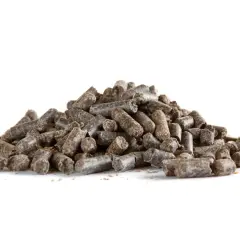 Un tas de pulpe de betterave cheval, des granulés brunâtres sur fond blanc.