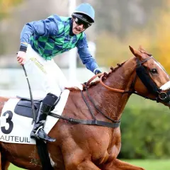 Un jockey en tenue bleue et verte, sur un cheval bai portant le numéro 3 "Auteuil", sprinte vers la victoire.