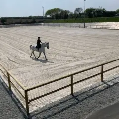 Un cavalier et son cheval blanc évoluent sur les lices d'une carrière d'équitation sablonneuse, sous un ciel bleu.