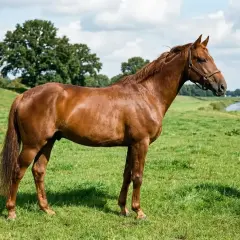 Un magnifique cheval westphalien, robe alezane, se tient dans un pré verdoyant, près d'une rivière.