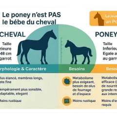 Comparaison cheval/poney : taille (supérieure/inférieure à 148 cm au garrot), morphologie, caractère et besoins. Le poney n'est pas un bébé cheval.