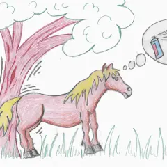 Un cheval qui gratte le sol, sous un arbre, rêve d'un moustique qui se fait pulvériser.