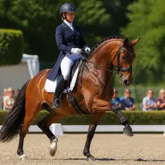 Une cavalière exécute une figure de manège avec son cheval bai. Le couple est en mouvement, le cheval lève une patte avant.