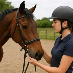 Une cavalière en casque noir caresse la tête d'un cheval bai. Le mécanisme du trot galop 3 est essentiel pour leur harmonie.