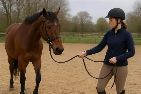 Une cavalière en tenue d'équitation tient les rênes d'un cheval brun dans un manège. Le cheval est prêt pour le trot enlevé.