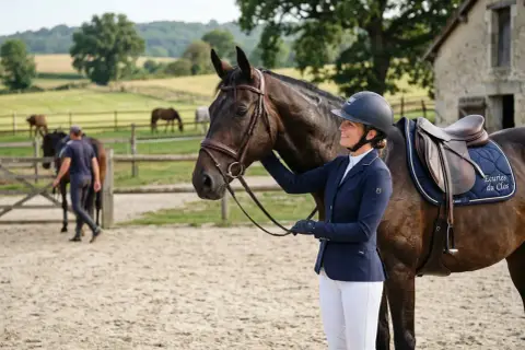 Une cavalière souriante, prête pour la discipline équestre, tient son cheval dans une cour de ferme.