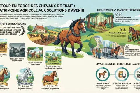 Un cheval de trait brun, harnaché, au centre d'une illustration montrant son retour dans l'agriculture et la transition écologique.