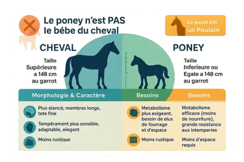 Comparaison cheval/poney : taille (supérieure/inférieure à 148 cm au garrot), morphologie, caractère et besoins. Le poney n'est pas un bébé cheval.