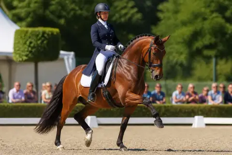 Une cavalière exécute une figure de manège avec son cheval bai. Le couple est en mouvement, le cheval lève une patte avant.