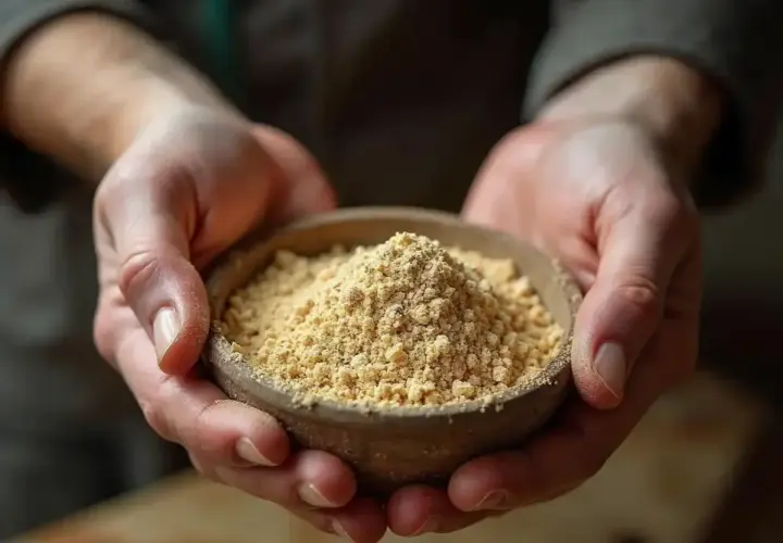 Mains tenant un bol rempli de psyllium blond, une poudre fine et dorée, idéale pour le bien-être digestif de votre cheval.
