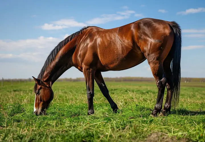 Un cheval brun, le museau dans l'herbe, semble grignoter un peu de terre. Le ciel bleu et les nuages blancs complètent ce tableau champêtre.
