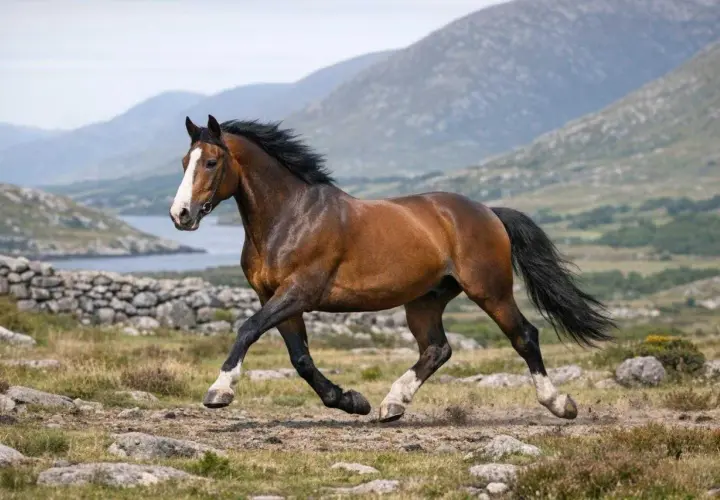 Un magnifique irish sport horse brun galope sur un terrain rocheux, avec des montagnes et un lac en arrière-plan.