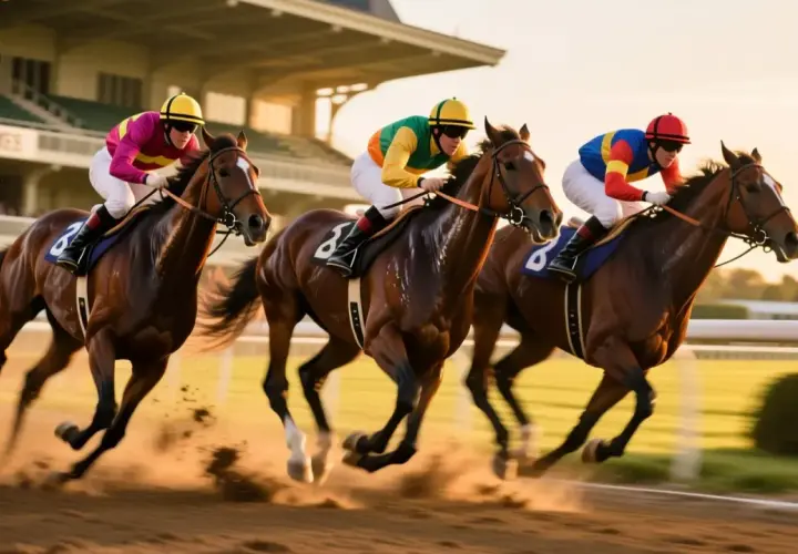 Trois chevaux pur-sang en pleine course, leurs jockeys concentrés, soulevant la poussière sur l'hippodrome au coucher du soleil.