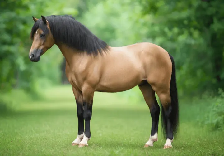 Un magnifique welsh poney bai à la crinière noire épaisse se tient dans un pré verdoyant.
