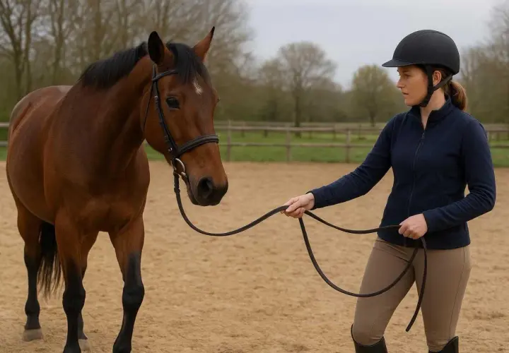 Une cavalière en tenue d'équitation tient les rênes d'un cheval brun dans un manège. Le cheval est prêt pour le trot enlevé.