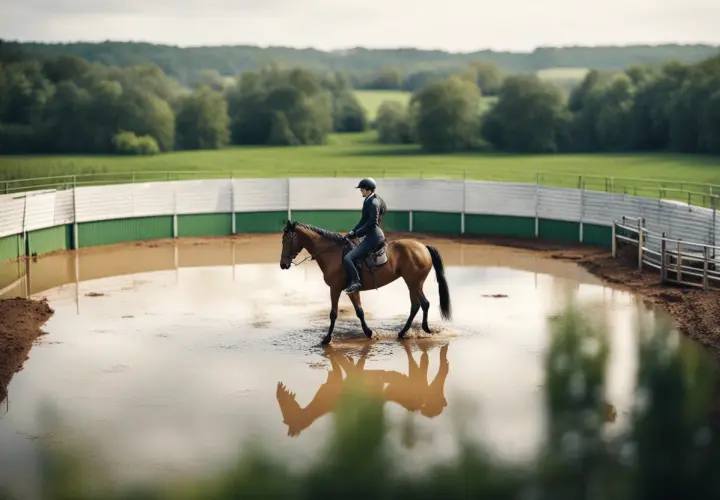 Cavalier et cheval dans une carrière équestre inondée, reflétant la réglementation carrière équestre.