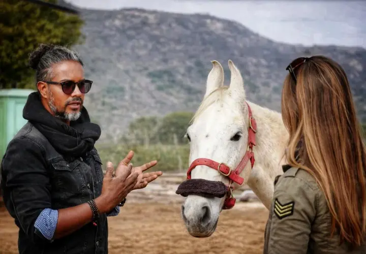 Un homme parle à un magnifique cheval marwari blanc, une femme se tient à côté.