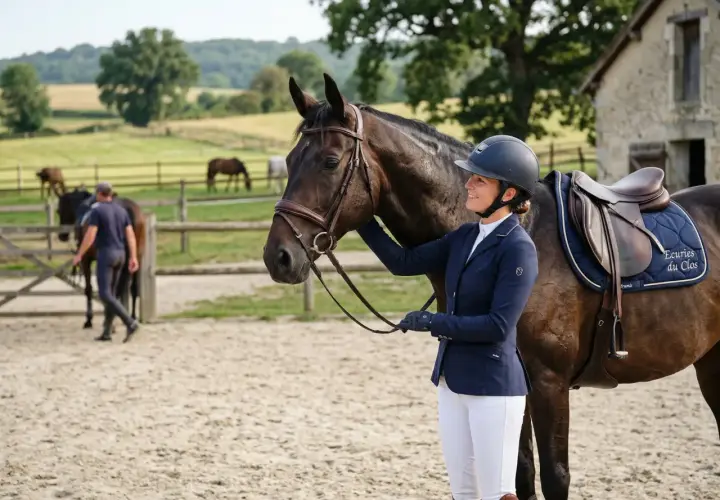 Une cavalière souriante, prête pour la discipline équestre, tient son cheval dans une cour de ferme.
