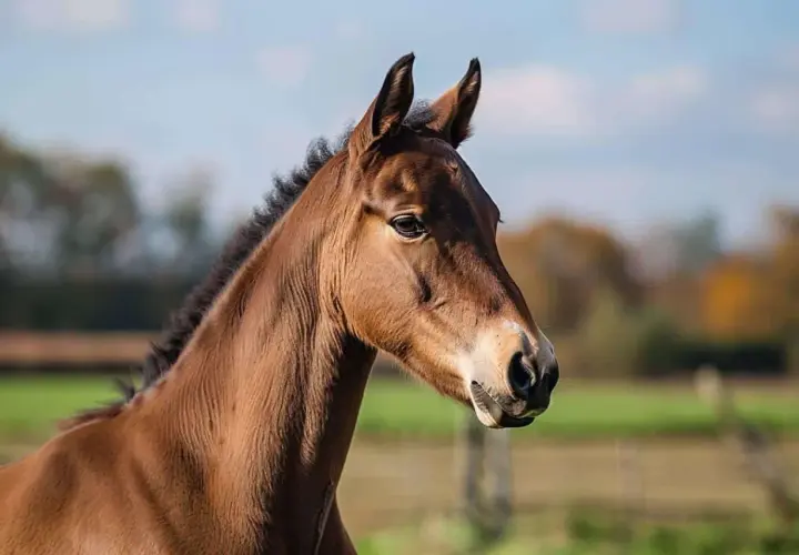 Portrait d'un jeune cheval américain au pelage brun, la crinière noire ébouriffée, dans un pré verdoyant sous un ciel bleu.