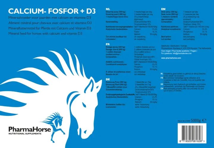 Aliment minéral pour chevaux, riche en calcium et phosphore, avec vitamine D3. Aide à la santé osseuse des équidés.