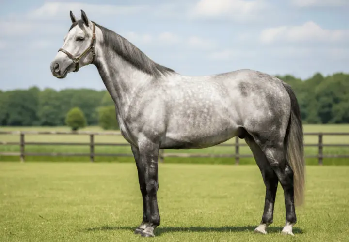 Magnifique cheval anglo arabe gris pommelé, fier et élégant, se tient dans un pré verdoyant sous un ciel bleu.