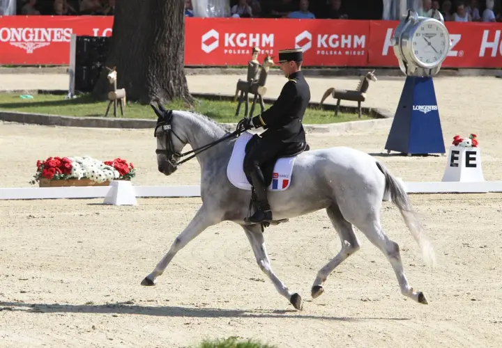 Cavalier en uniforme noir et chapeau, sur un cheval gris effectuant une serpentine 4 boucles. Le drapeau français est visible sur la selle.