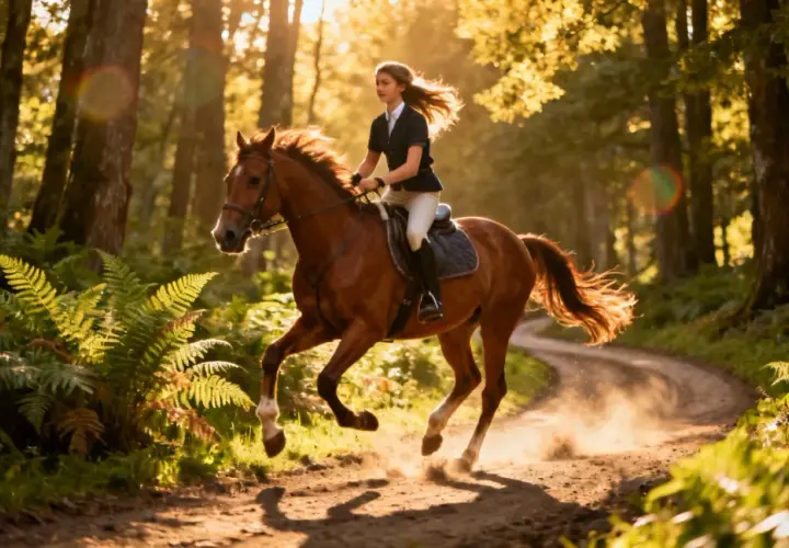 Une jeune femme en tenue d'équitation de travail galope sur un sentier forestier baigné de soleil.