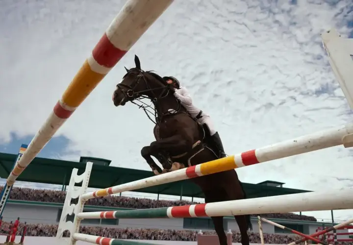 Un cheval brun saute par-dessus une barrière dans une carrière de saut d'obstacle, sous un ciel nuageux.