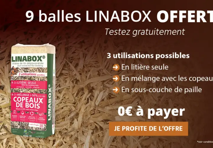 Offre spéciale : 9 balles de litière LINABOX pour chevaux, utilisable seule, en mélange avec copeaux ou en sous-couche de paille. Testez gratuitement !