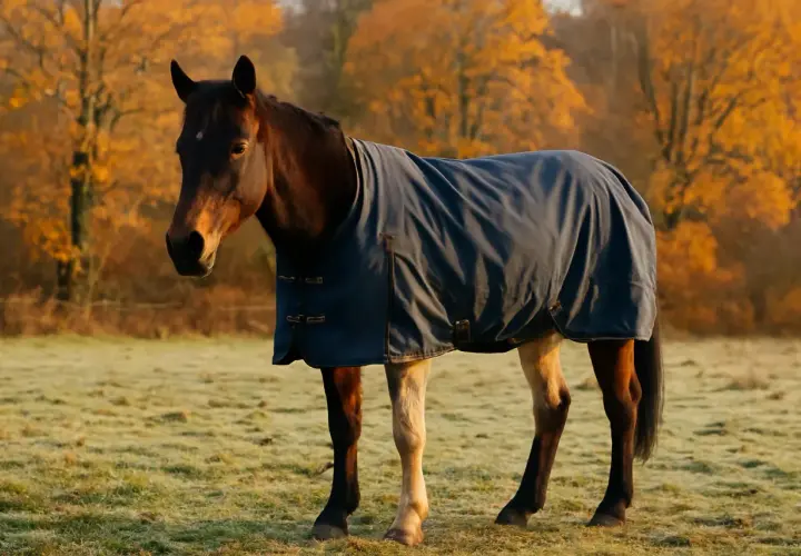 Cheval brun portant une couverture bleue dans un pré brumeux, avec des arbres aux feuilles d'automne dorées en arrière-plan. La tonte cheval au pré est terminée.