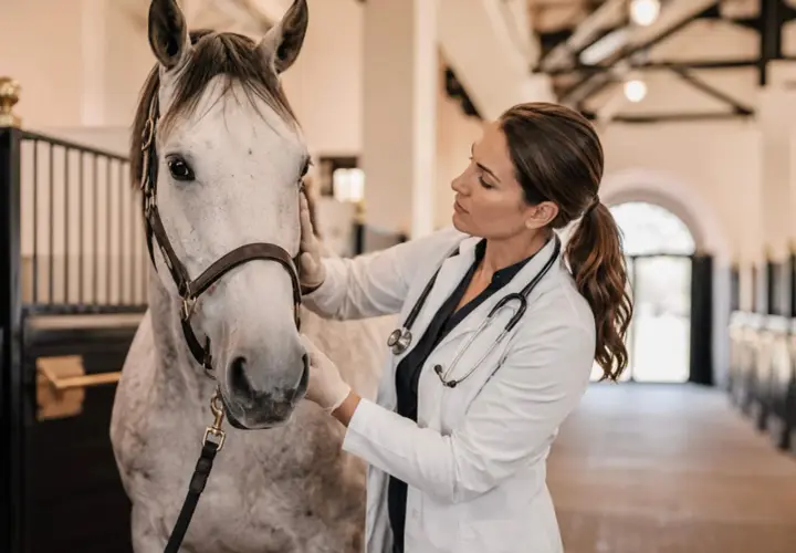 Vétérinaire examinant un cheval dans une écurie, respectant la réglementation pension pour chevaux.