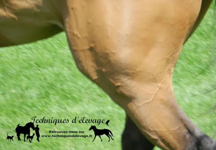 Gros plan sur la cuisse d'un cheval brun, montrant les veines saillantes. Le PSSM cheval est une préoccupation pour les propriétaires.