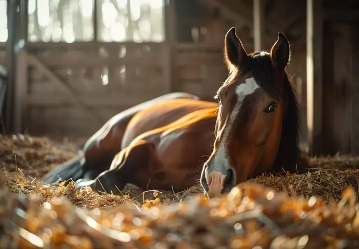 Cheval brun au repos dans une étable sur de la litière de miscanthus. Douce lumière dorée.
